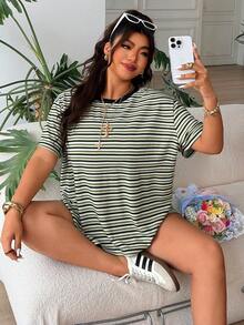 SHEIN EZwear 条纹加大码女式宽松圆领落肩短袖两件套，夏季 - 彩色 - 查看 4