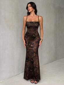 SHEIN Tall Elegant Sexy Dark Brown Floral Summer Holiday Vacation Maxi Dress, Women's Backless Tie-Neck Retro Watercolor Print Dress For Party Night Out, Beach - Rust Brown - View 6