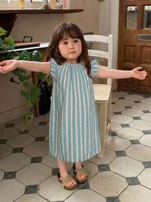 DAZY Vestido de niña bebé con bloques de color, rayas y ribete de volantes, cuello redondo, para verano, para niños pequeños - Verde - Ver 5