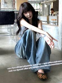 DAZY Celana Jeans Kasual Wanita dengan Hiasan Rhinestone yang Melimpah - Biru - View 5