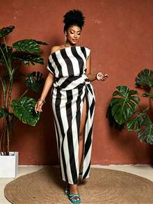 Maweii Robe d'été mode grande taille à col asymétrique torsadé, rayures bicolores et fente haute - Noir et Blanc - Voir 3