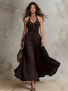 Solivie Đầm cổ yếm phong cách Bohemian lãng mạn dành cho nữ, màu cà phê. - Cà phê - Xem 9