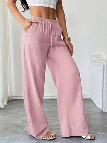 SHEIN Tall 女款長褲，紋理布料，腰部繫帶，適合高個女性 - 粉色 - 查看 4