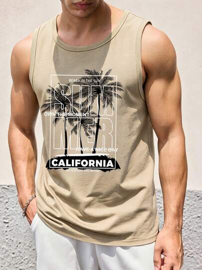 Sorvial Khaki Graphic Coconut Tree Print Tank Top For Men, Suitable For Summer Outings, Vacation, Surfing