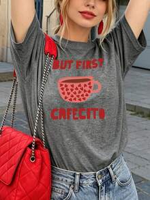 SHEIN 1件女款夏季圓領短袖T恤，粉色愛心與咖啡杯英文字母印花，休閒寬鬆百搭，適合夏季、海灘、街頭、日常、工作、辦公室聚會、外出、度假、音樂活動、情人節、派對 - 灰色 - 查看 3