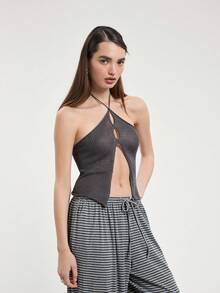 COUREZ Knitted Halter Beach Top/Y2K Summer Outfits For Women Sleeveless Tops Party Festival Clothes Spring - Dark Grey - View 4