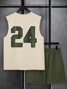 Manfinity Roughcore Men's Summer Casual Letter & Number Print Round Neck Tank Top And Shorts Set, Holiday - Black - View 2