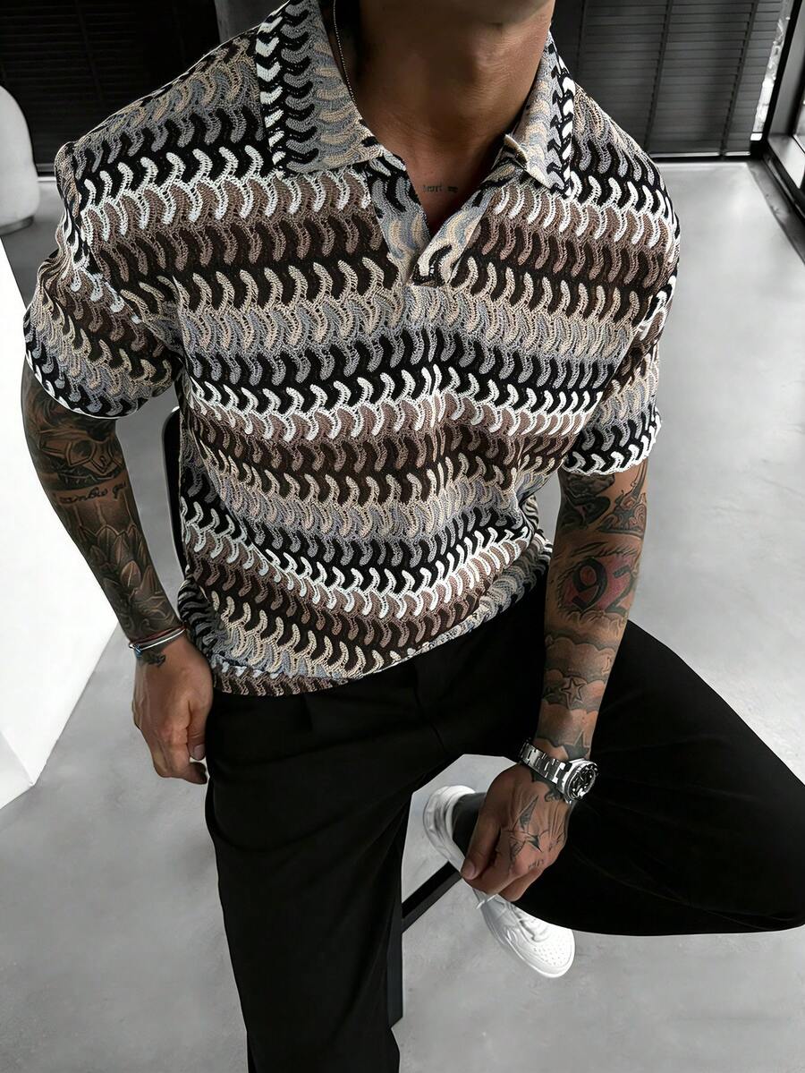 SLATEMANN 男士大尺碼黑白格紋夏季休閒度假V領短袖透氣條紋 Polo 衫,假日風格送給丈夫的禮物 - 彩色 - 查看 1