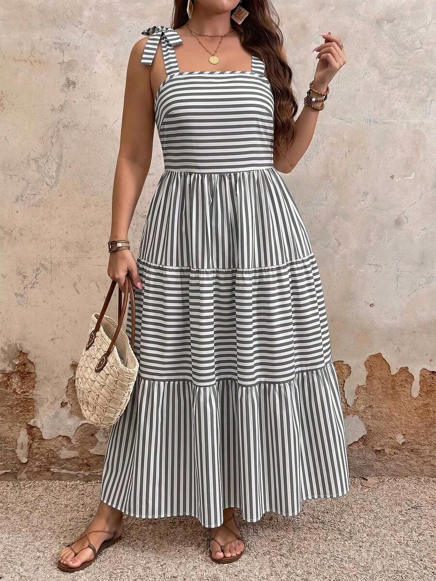 EMERY ROSE Vestido sin mangas a rayas con volante en el bajo para mujer talla grande - Multicolor - Ver 1