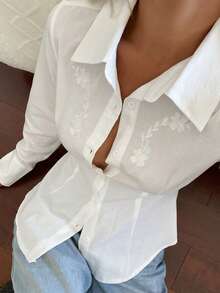DAZY Floral Embroidery Waist Cinched Long Sleeve Collared Elegant Summer Blouse For Women Y2k School - White - View 6