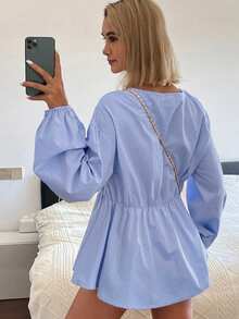 DAZY Women's Bow Tie Collar Loose Fit Blouse - Blue - View 3
