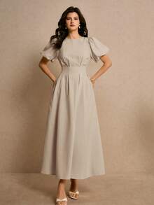 Poéselle Women's Solid Color Round Neck Petal Sleeve Elegant Dress,Dresses For Women Summer - Apricot - View 7