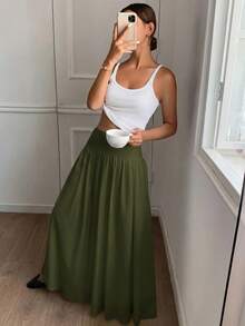 Serisse 女士纯色侧拉链设计优雅半身裙 - 軍綠色 - 查看 6
