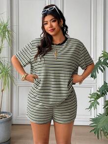 SHEIN EZwear 条纹加大码女式宽松圆领落肩短袖两件套，夏季 - 彩色 - 查看 1