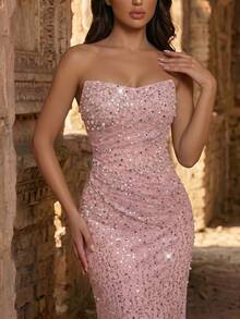 Glamrae Elegant Luxurious Beaded Sequin Ruched Mermaid Hem Dress, Suitable For Weddings, Parties, Vacations, Galas, Formal Occasions (Heavily Embellished) - Dusty Pink - View 4