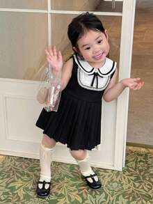 Dazy Kids Toddler Girls' Round Neck Color Block Korean Style Bow Sleeveless Mid-Length Dress Summer - Black - View 5