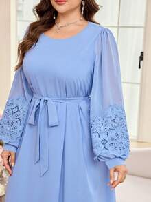 Al Najma Casual Minimalist Round Neck Ruffle Trim Lantern Sleeve Loose Regular Spring/Summer Plus Size Women Arabic Dress - Blue - View 6