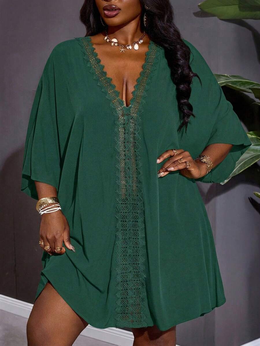 SHEIN CURVE+ Curve Size US22 音樂節海邊波希米亞風女款純色對比蕾絲蝙蝠袖洋裝泳裝罩衫 夏季熱帶海灘 - 墨綠色 - 查看 1