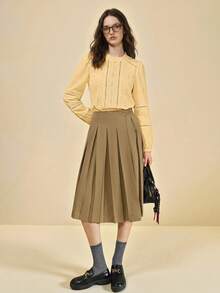 SHEIN Unity 淡黃色夏季優雅茶會圓領套頭上衣，飾有荷葉邊與蕾絲拼接設計，可愛甜美，適合辦公室與社交場合穿搭 - 黃色 - 查看 6