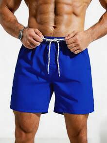 Manfinity KASUA Men's Solid Color Drawstring Casual Beach Shorts, Holiday - Royal Blue - View 4