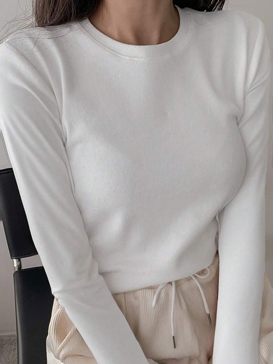 DAZY Women Solid Color Round Neck Long Sleeve Casual Loose T-Shirt For Autumn - White - View 1