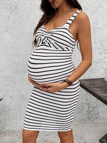 SHEIN Maternity Summer Fashion Striped Twist Camisole Dress Maternity Photoshoot - White - View 5