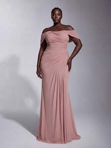 Elitara Große Größen elegantes luxuriöses rosa Mesh-Kleid, Off-Shoulder, Raffung und Meerjungfrauenschnitt, geeignet für Hochzeiten, formelle Anlässe, Brautmutterkleid - Altrosa - Übersicht 6
