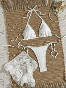 Swim Vcay Váy ngắn ren viền bèo nhún màu trơn gợi cảm, quần bikini tam giác ren hai lớp và áo ngực đệm ren cho nữ, bộ đồ tắm 3 mảnh - trắng - Xem 3