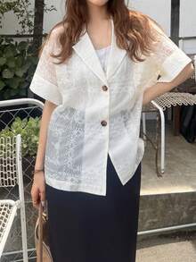 FRIFUL Áo blazer nữ thanh lịch kiểu Pháp, thêu cúc, chất liệu voan mỏng. - trắng - Xem 2