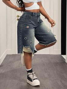 Slaydiva Women's Summer Street Washed Metal Eyelet Ripped Denim Shorts - Dark Wash - View 4