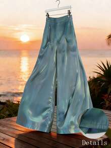 EMERY ROSE Women's Colorful Satin Straight Leg Pants, Elegant Resort Wear For Spring/Summer - Blue - View 4