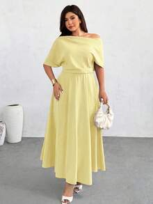 Firerie Plus Size Women's Summer Casual Everyday Commute Vacation Style Solid Color Asymmetric Neck Cinched Waist Dress - Light Yellow - View 7