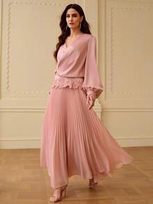 ZEYLAH Vestido elegante de manga larga con cuello en V y bordado de unicolor para mujer - Rosa Pálido - Ver 2