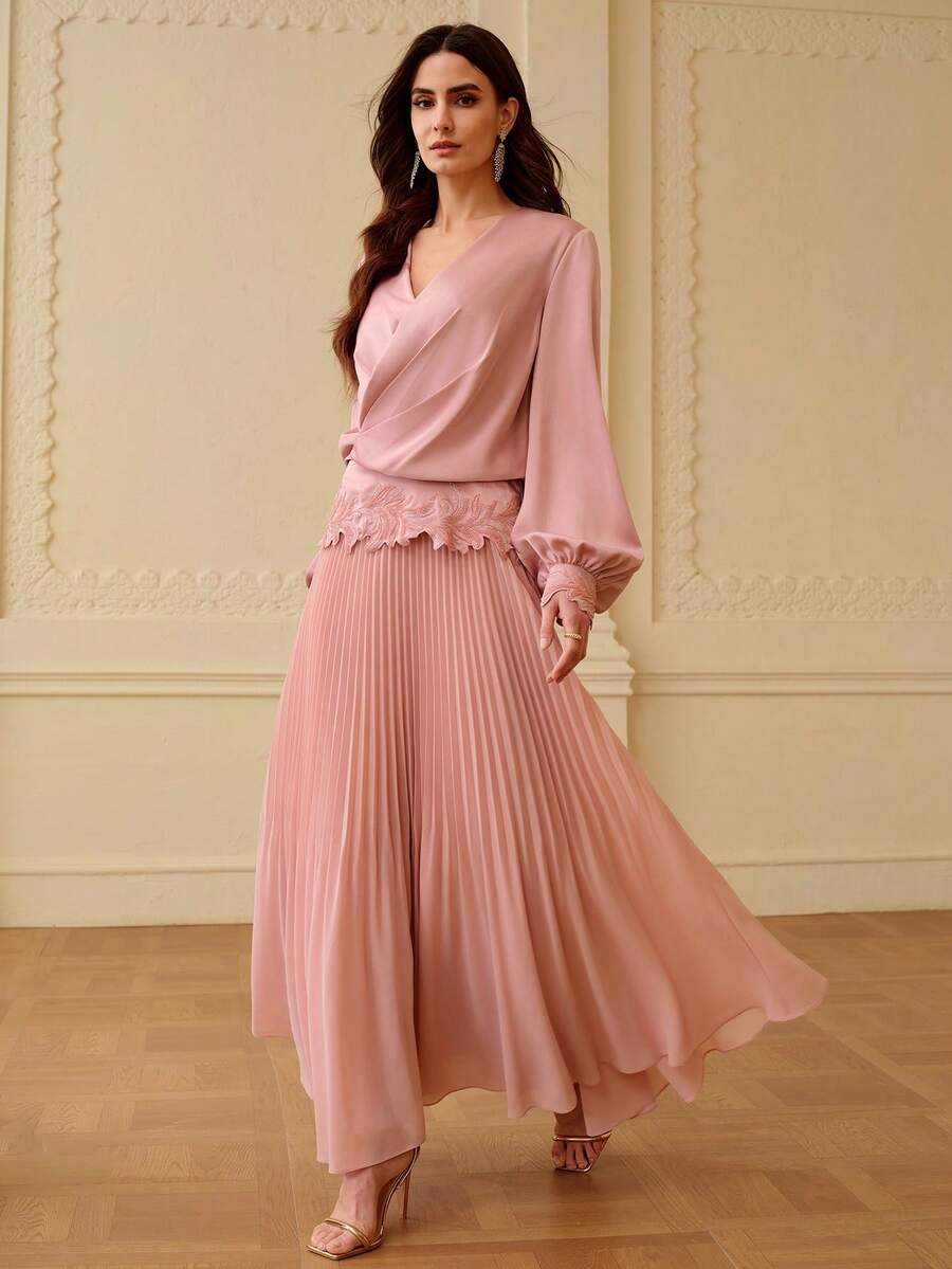 ZEYLAH Vestido elegante de manga larga con cuello en V y bordado de unicolor para mujer