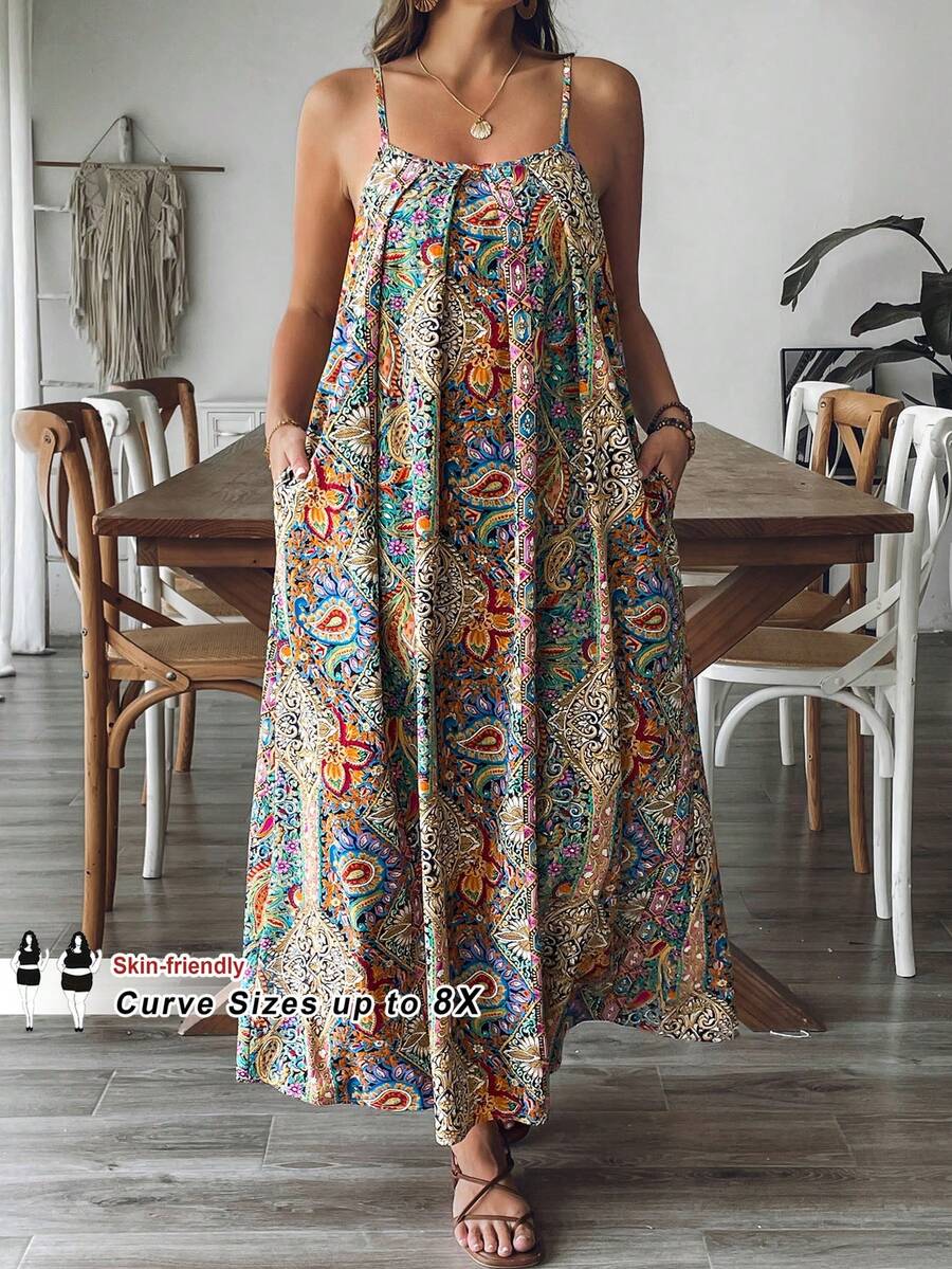 SHEIN CURVE+ Váy dáng ôm US22, thích hợp cho lễ hội âm nhạc, kỳ nghỉ biển, phong cách bohemian, họa tiết hoa nhí, váy slip dress thường ngày, váy mùa hè cho nữ. - Nhiều màu - Xem 1
