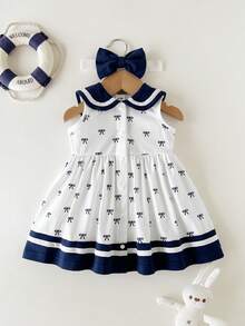 SHEIN Newborn Cotton Sailor Style Cute Dress With Bow Headband, Short Sleeve Dress Outfit For Party, Holiday, Outing, Photoshoot, Adorable, Skin-Friendly, Loose & Comfortable, Sweet, Elegant, Collared Full Button Front Design - Black and White - View 1