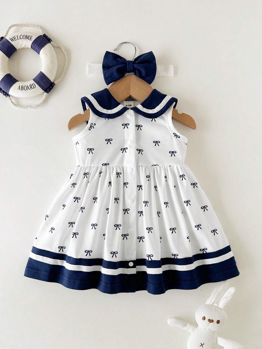 SHEIN Newborn Cotton Sailor Style Cute Dress With Bow Headband, Short Sleeve Dress Outfit For Party, Holiday, Outing, Photoshoot, Adorable, Skin-Friendly, Loose & Comfortable, Sweet, Elegant, Collared Full Button Front Design - Black and White - View 1
