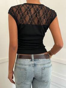 SHEIN EZwear Áo thun nữ cổ tròn ôm sát, phối ren đen. - màu đen - Xem 2