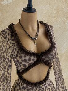 Soleia Mono largo de manga larga con escote en V profundo y estampado de leopardo vintage para vacaciones de mujer - Café integral - Ver 3