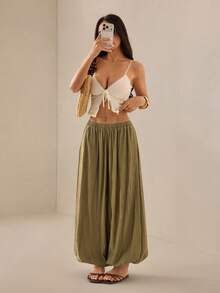 SHEIN PETITE 2026 Women's Spring/Summer Resort Collection: Elegant Olive Green Loose-Fit Bell-Bottom Pants. - Army Green - View 7