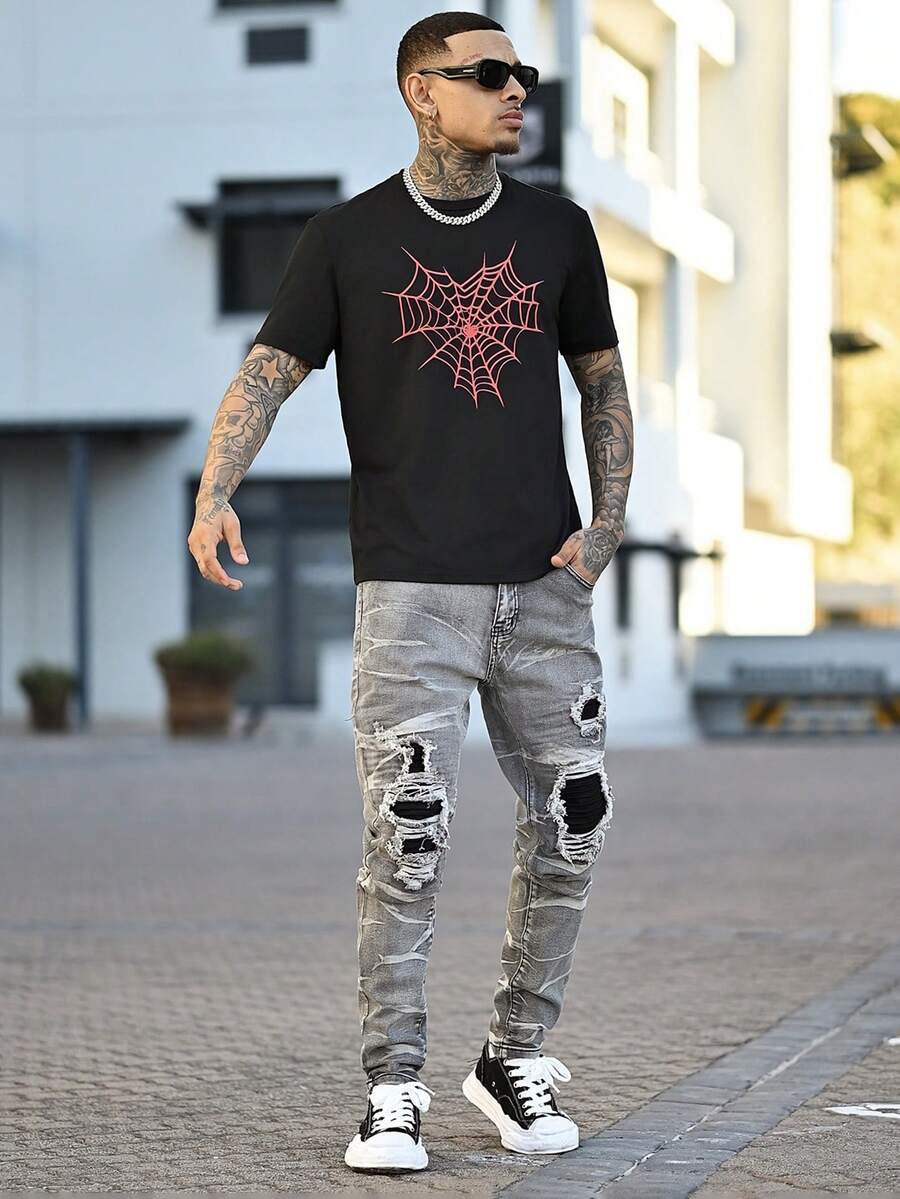 Devon Thys 情人节休闲蜘蛛网和心形印花男女通用黑色 T 恤，送给男朋友的绝佳礼物 - 黑色 - 查看 1