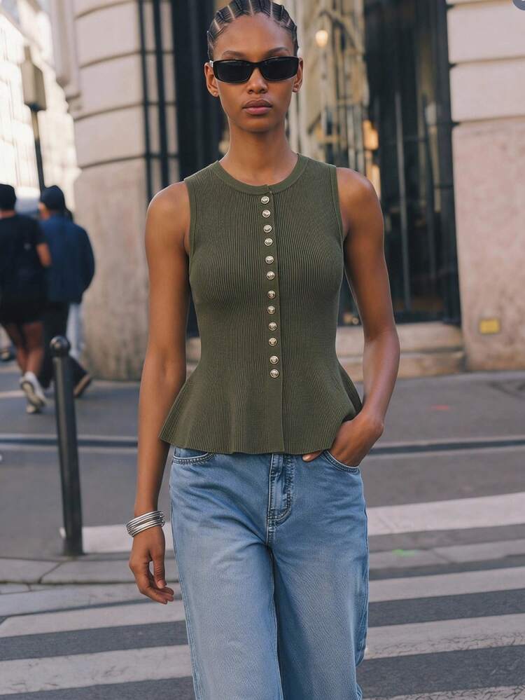 SHEIN Maija Women's Elegant Olive Green Ribbed Knit Top,Summer Brunch Casual Blouses,Country Style Festival & Party Top,Beach Holiday Outfits,Summer Outfit