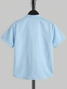 SHEIN 男童纯色单排扣休闲百搭日常短袖衬衫 - 藍色 - 查看 2