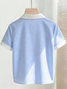 SHEIN Franclia Áo sơ mi nữ tay ngắn dáng rộng, cổ bẻ, kẻ sọc xanh thanh lịch, thích hợp mặc mùa hè, đi biển, mặc thường ngày, đi nghỉ mát, đi làm. - Màu xanh lam - Xem 2
