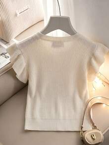 Franclia Top décontracté élégant et polyvalent pour femmes avec col rond, manches papillon à volants et nœud décoratif. Top tricoté mignon, Top d'été - Nude - Voir 2