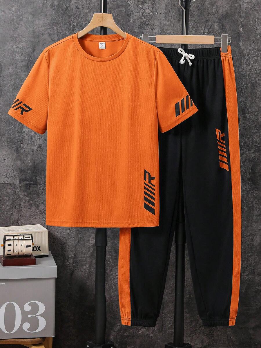 SHEIN 2pcs Teen Boys' Orange Summer Streetwear Beach Knit Suit Set,Casual Comfortable Printed Round Neck Short Sleeve T-Shirt And Straight Leg Pants - Orange - View 1