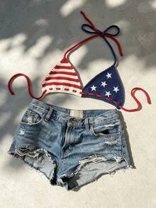 Flirla Y2K Women's Fashionable USA Flag Contrast Color Sexy Bikini Top With Star Print, Suitable For Spring And Summer Vacation Blue And White Stripe - Multicolor - View 3