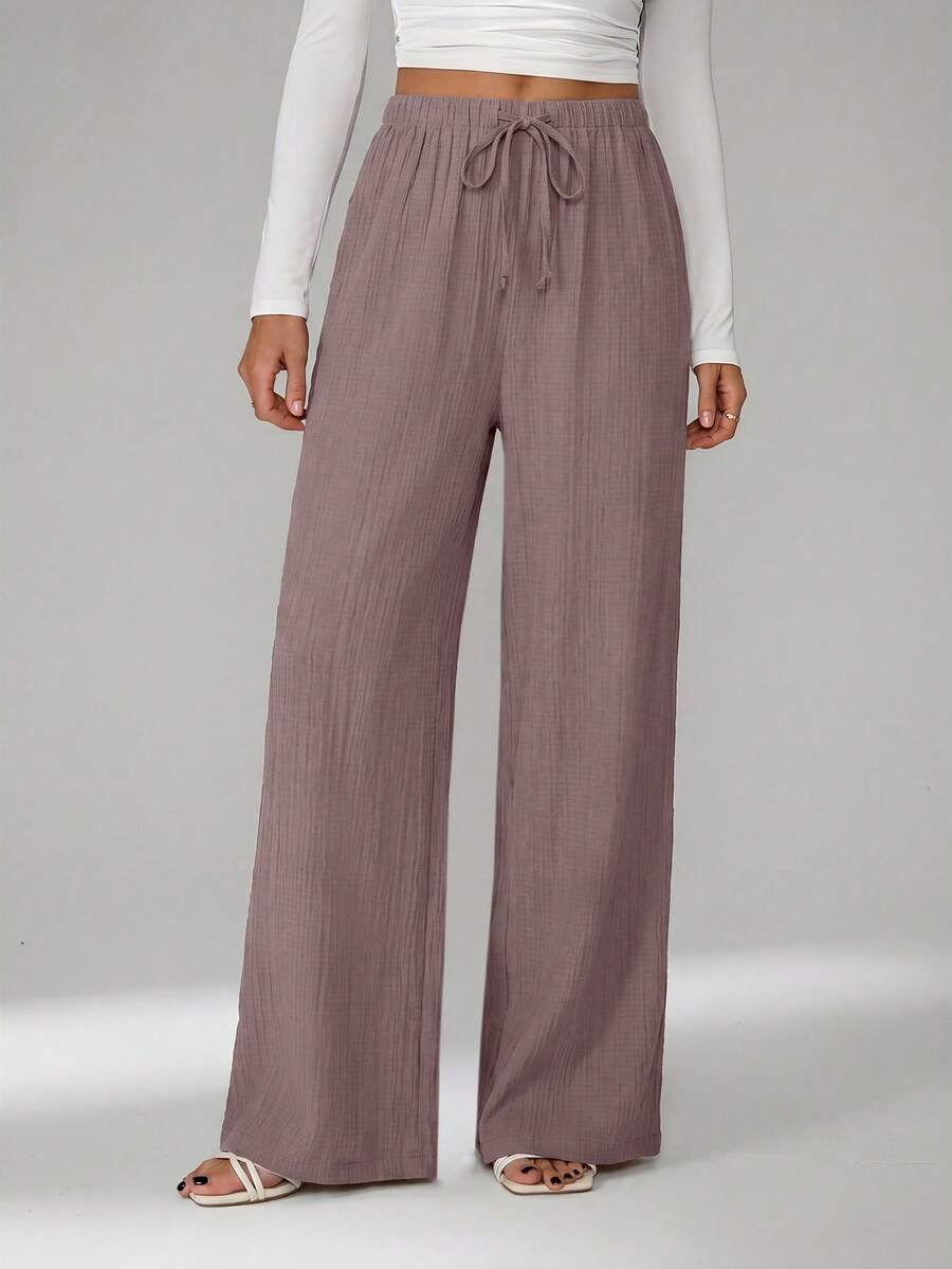SHEIN Tall Celana Panjang Longgar dengan Tali Serut di Pinggang, Bahan Bertekstur Kerut, untuk Wanita Tinggi - Purple - View 1