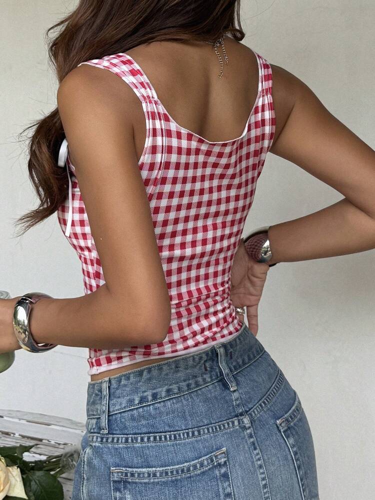 Fitted Contrast Plaid Pleated Bow Casual Vacation Summer Vest Jacket For Women