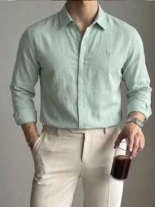 DAZY Men's Long Sleeve Solid Color Embroidered Shirt Fall - Green - View 1